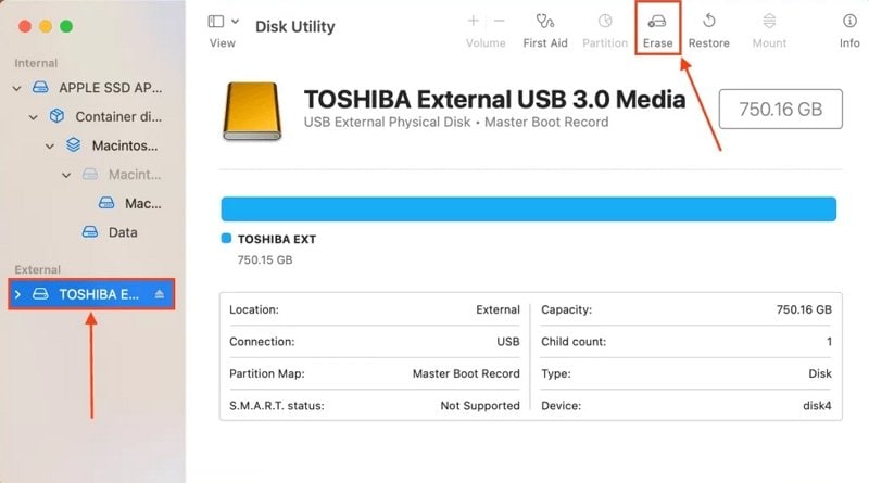 effacer le lecteur Toshiba dans l'utilitaire de disque Mac