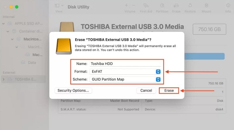 choisissez le format du disque dur Toshiba