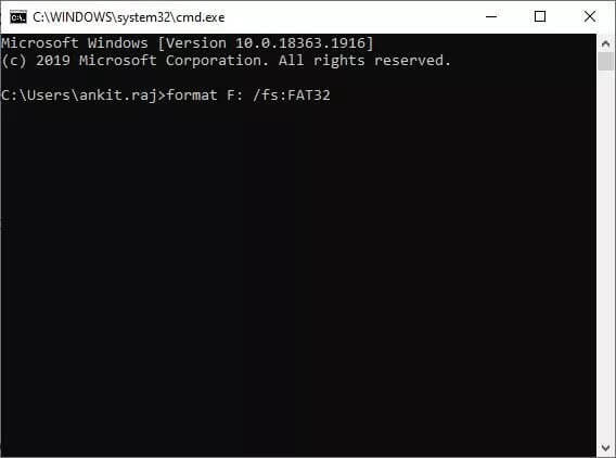 enter the format usb to fat32 command into windows cmd