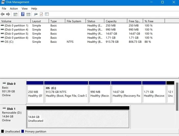 open disk management by pressing win+x