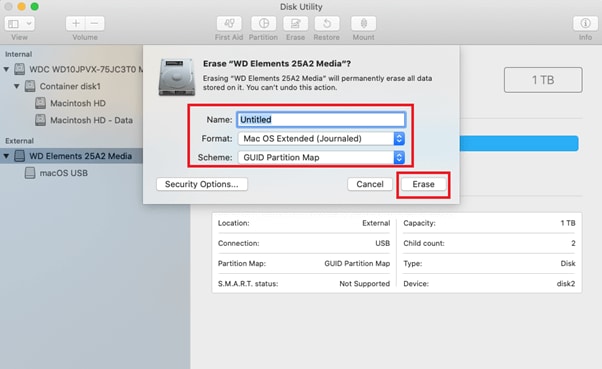 formatting the usb drive in the disk utility