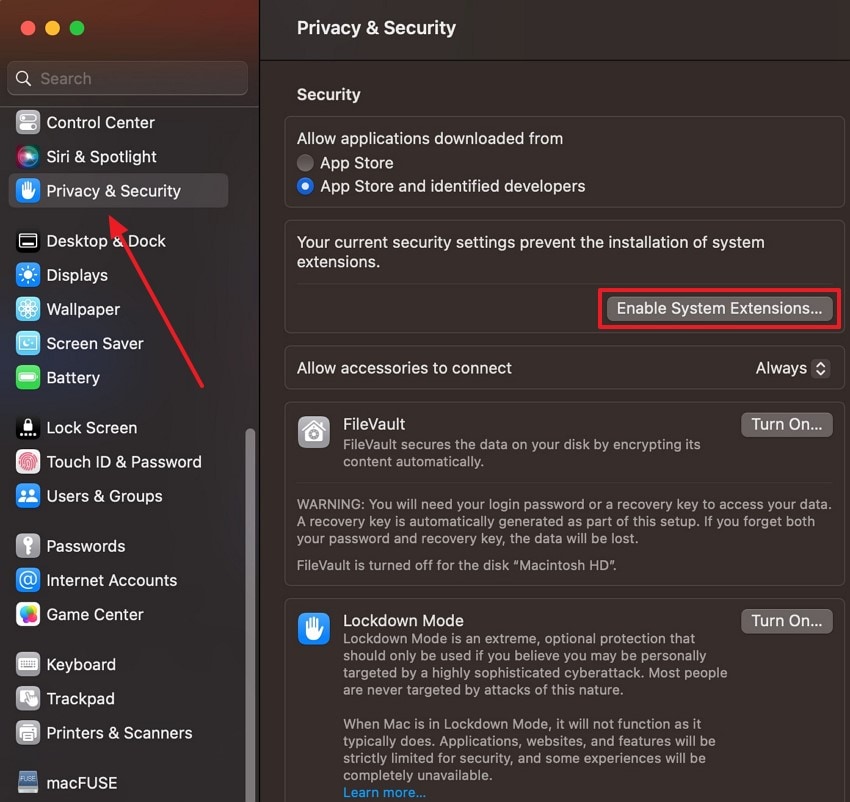enable system extensions shut down mac