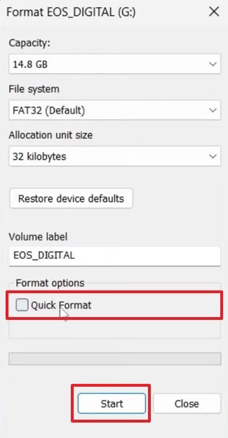 start formatting fujifilm camera card