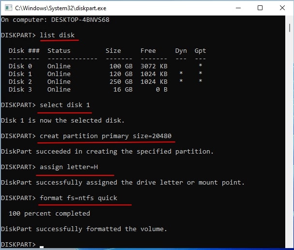 execute diskpart to format sd card
