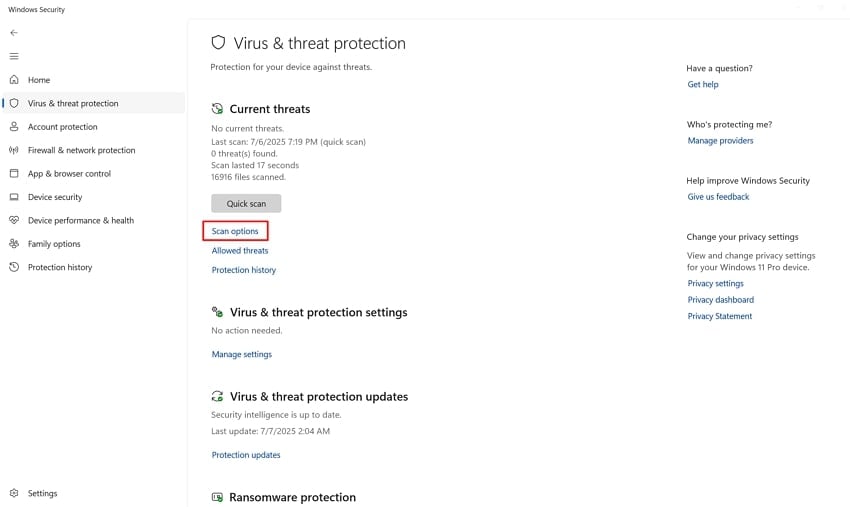 open virus and protection settings