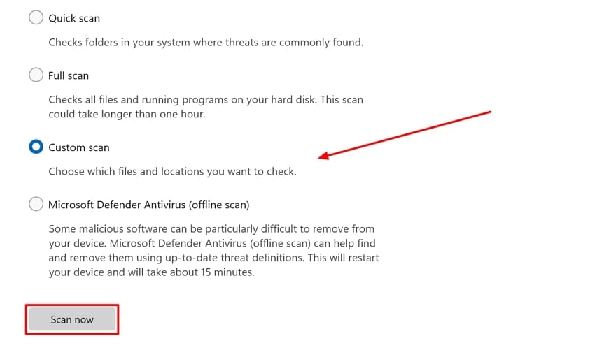 perform custom scan windows