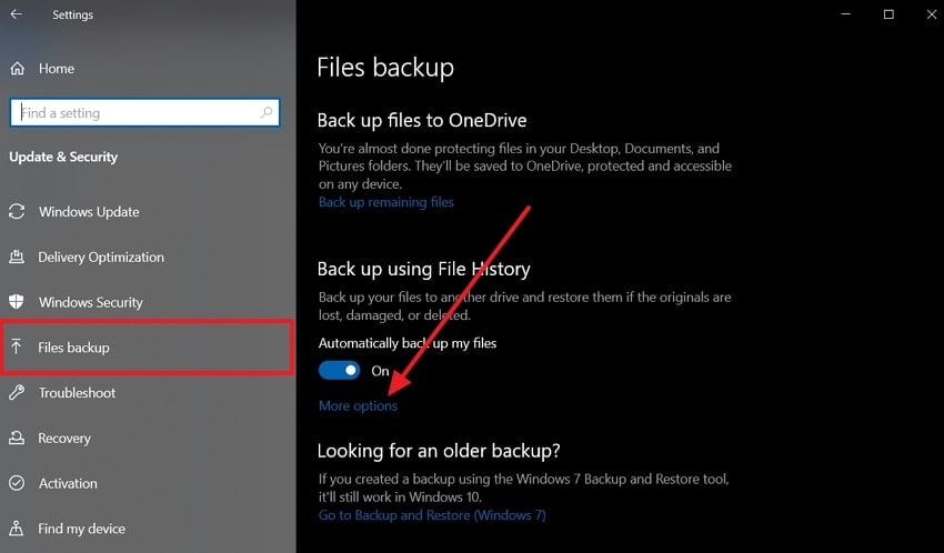 files backup on windows settings