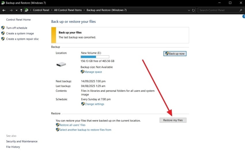 press restore my files