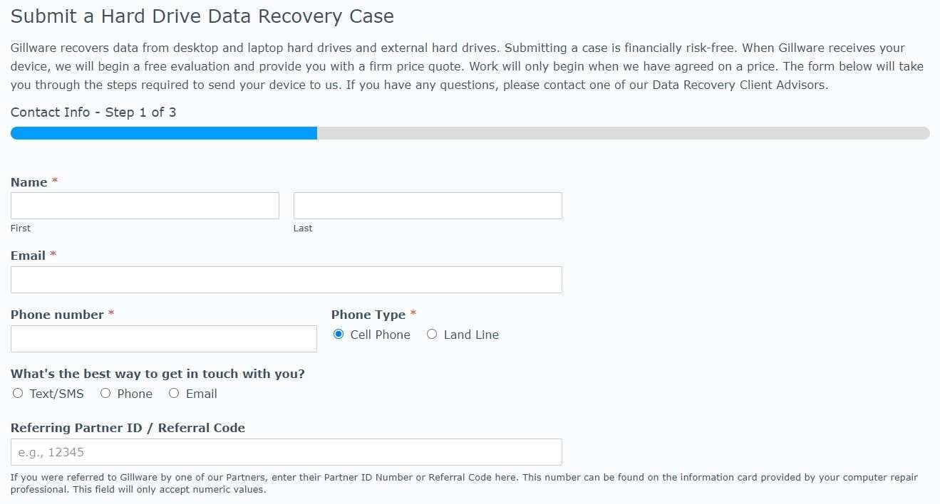 envío de solicitud de recuperación de datos a gillware 