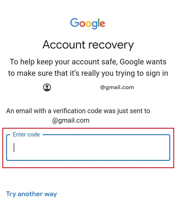 Dê "Enter" no endereço de e-mail de recuperação