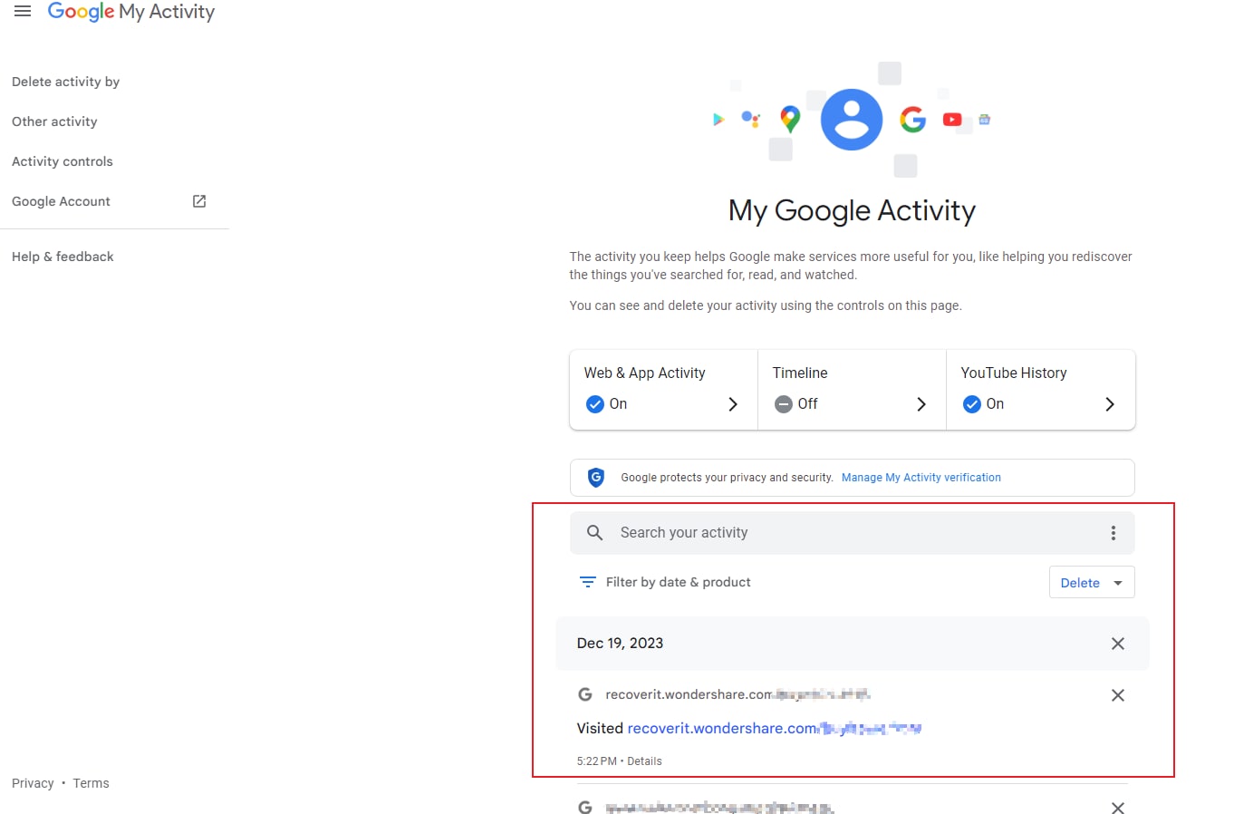 recover deleted chrome history using google my activity