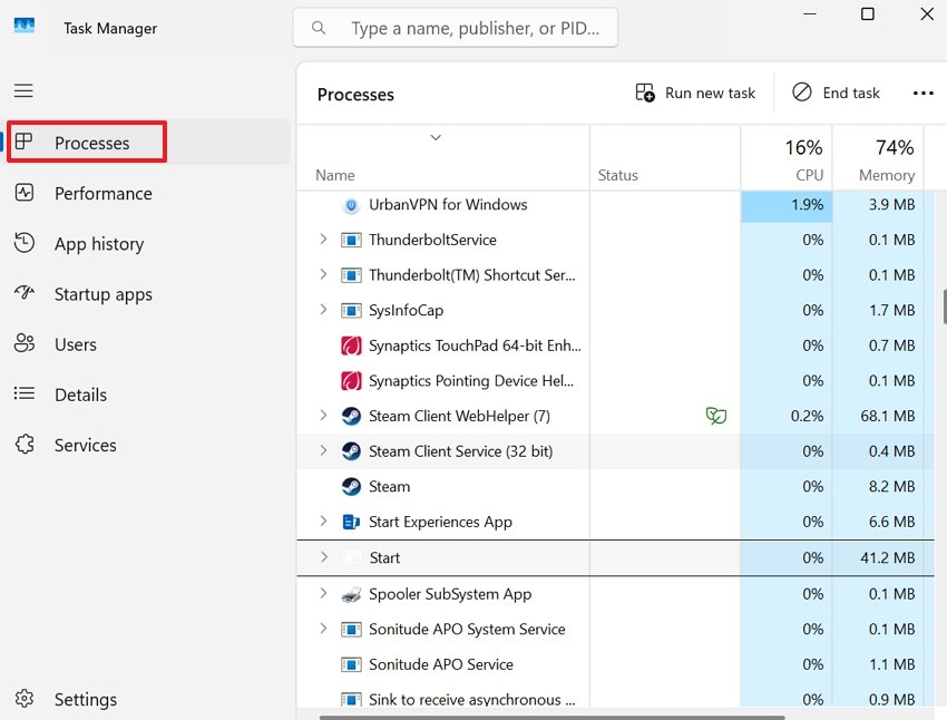 open task manager processes