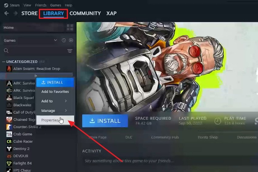 steam library game properties