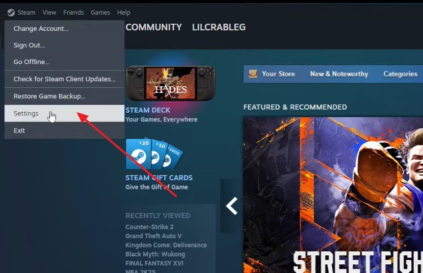 open steam settings menu