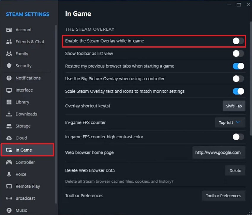 disable steam in game overlay