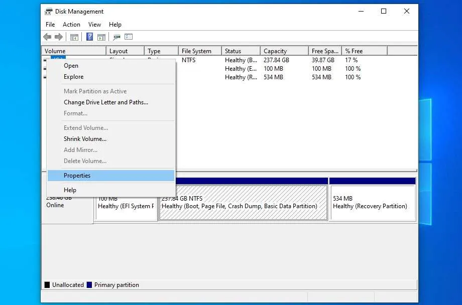 disk management properties 