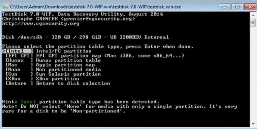 select intel in testdisk