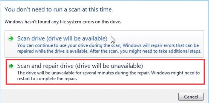 scan and repair the hard drive failure
