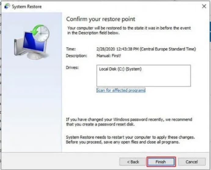 confirm and finish system restore