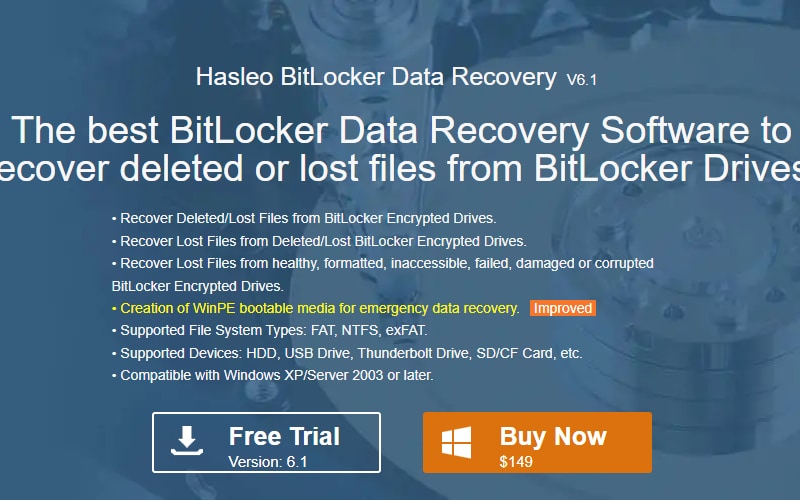 página principal do recuperação de dados com BitLocker do Hasleo 