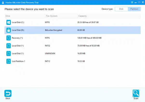 sélection d'un lecteur dans hasleo bitlocker data recovery 