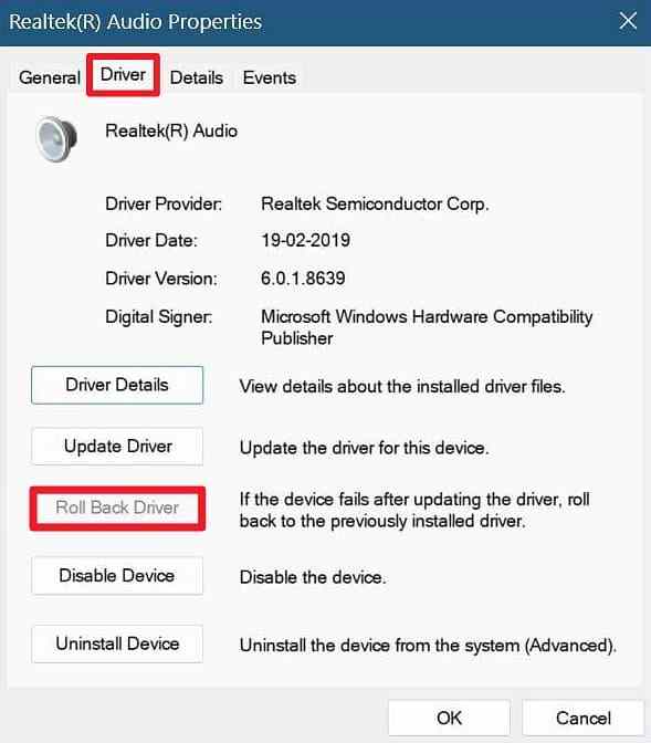 roll back recent audio driver