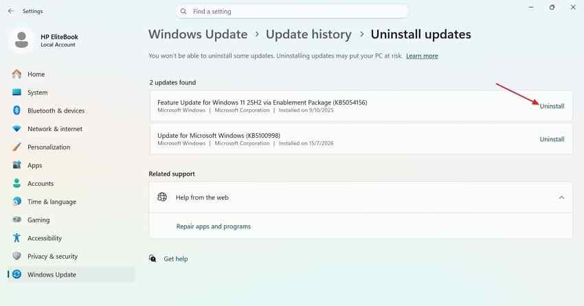 remove recent problematic windows update