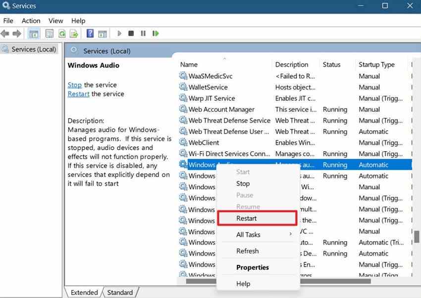 restart windows audio service