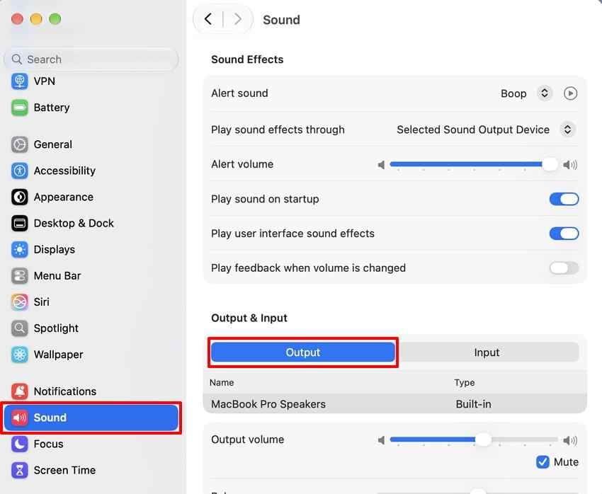 mac sound output settings screen