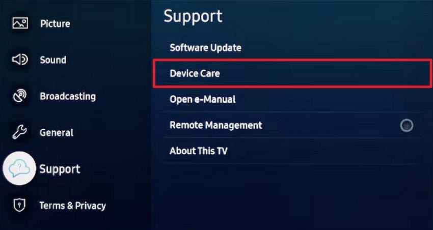 samsung tv device care menu