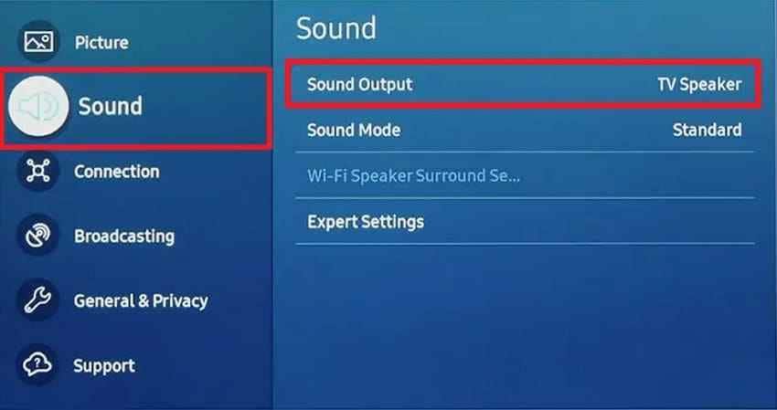 samsung sound output settings menu