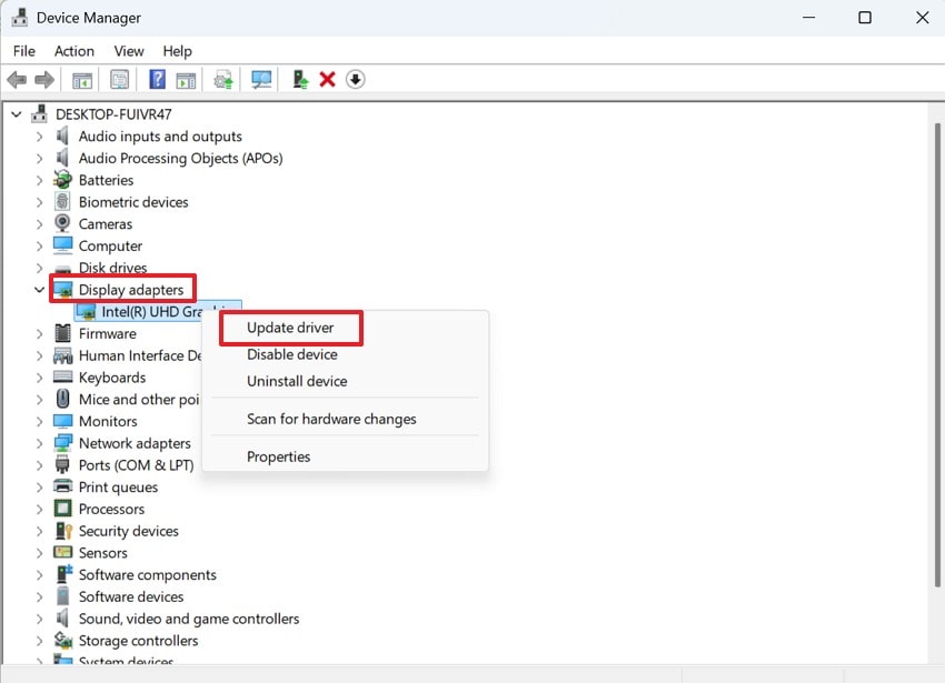 update graphics driver menu