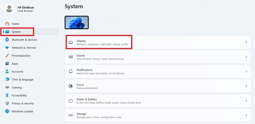 system display settings page