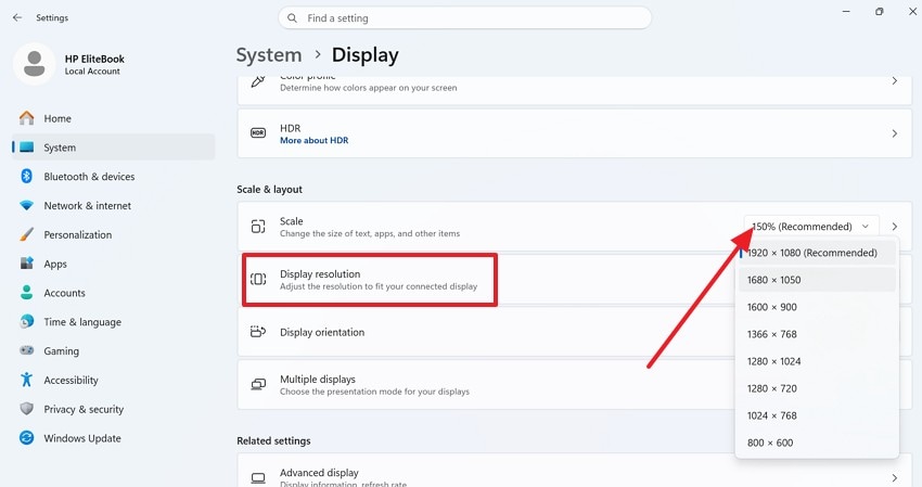 change monitor resolution setting