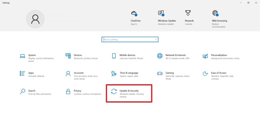 navigate to update and security