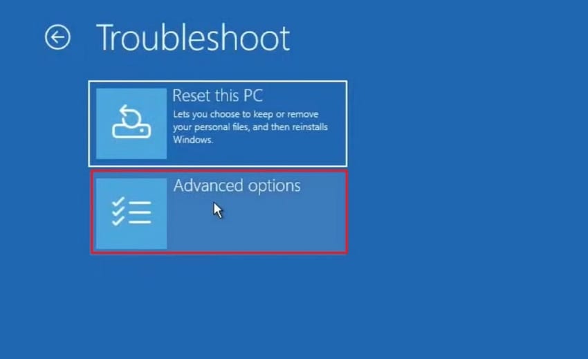 troubleshoot advanced options screen