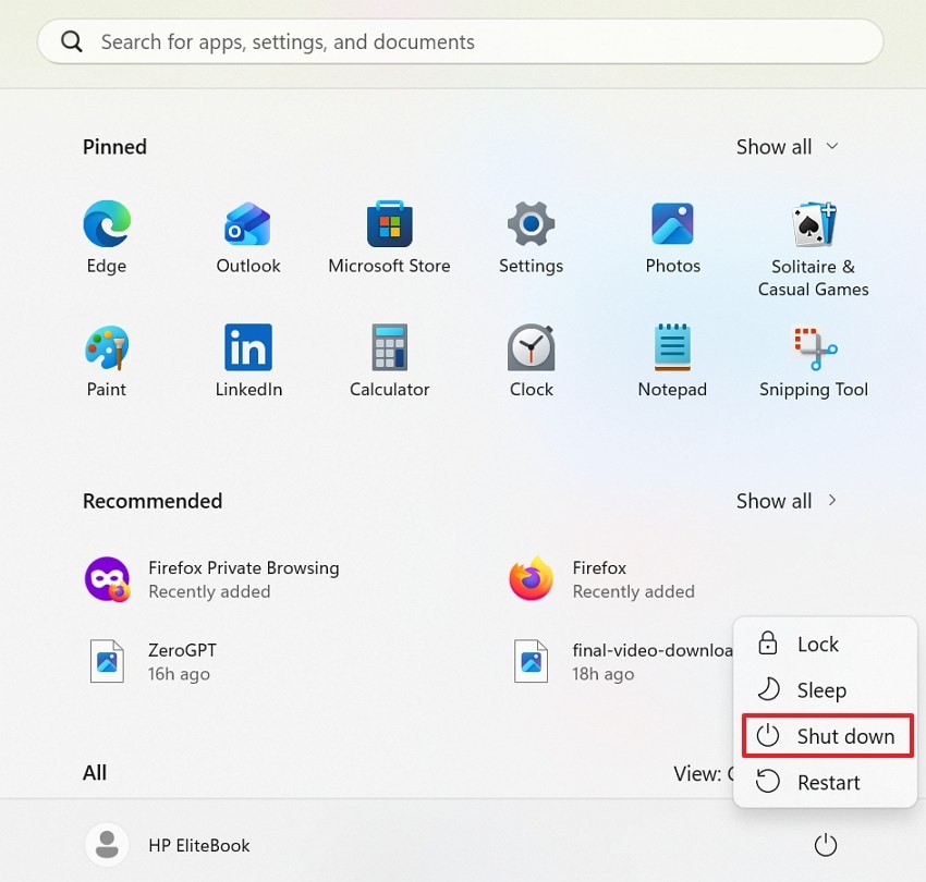 windows laptop shutdown option
