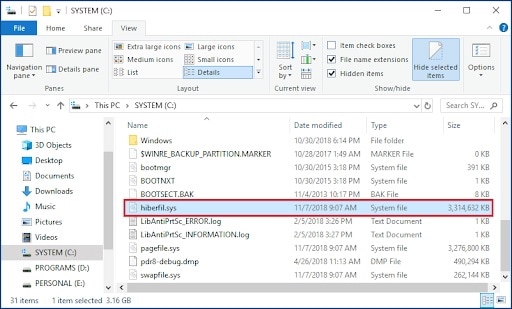 deleting hibernation file in windows 10