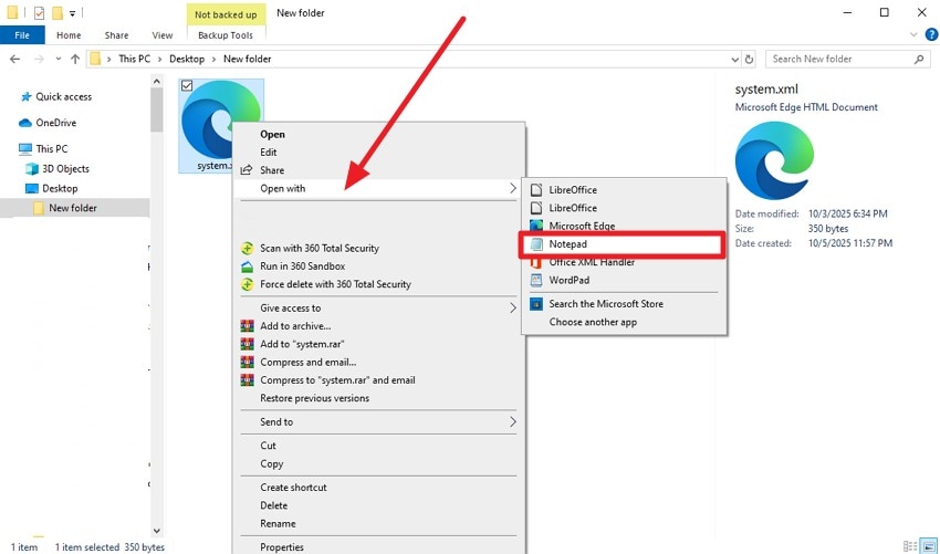 open system xml file with notepad