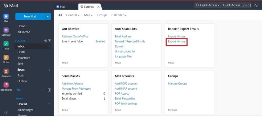 import/export for a zoho mail backup