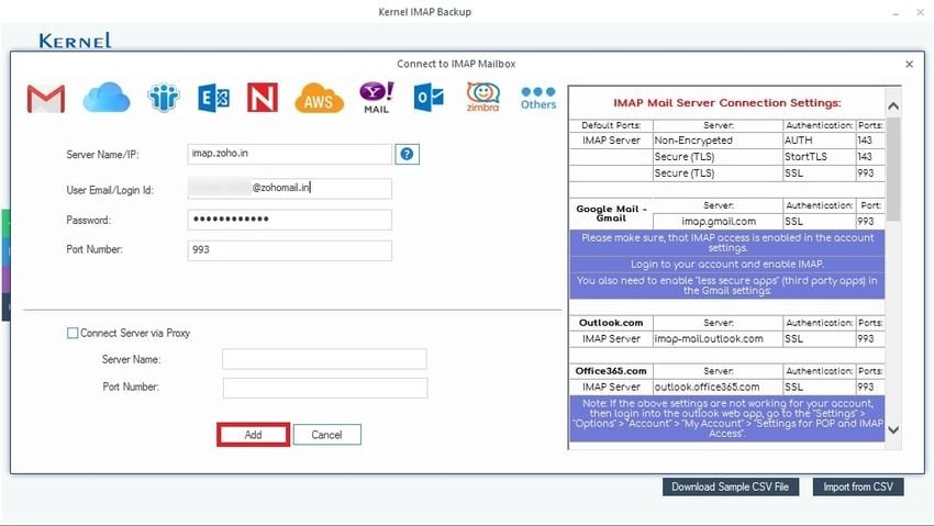 conta do imap para um backup do zoho mail