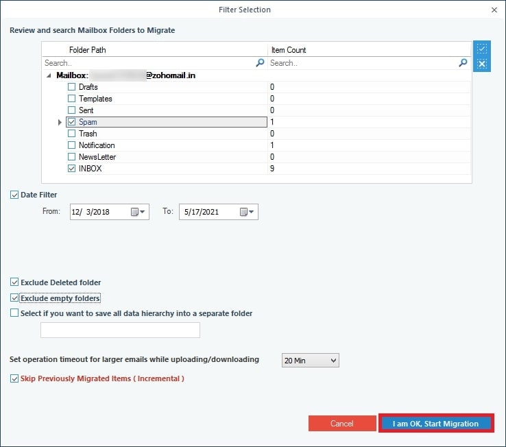 filtros para exportar Zoho Mail a pst