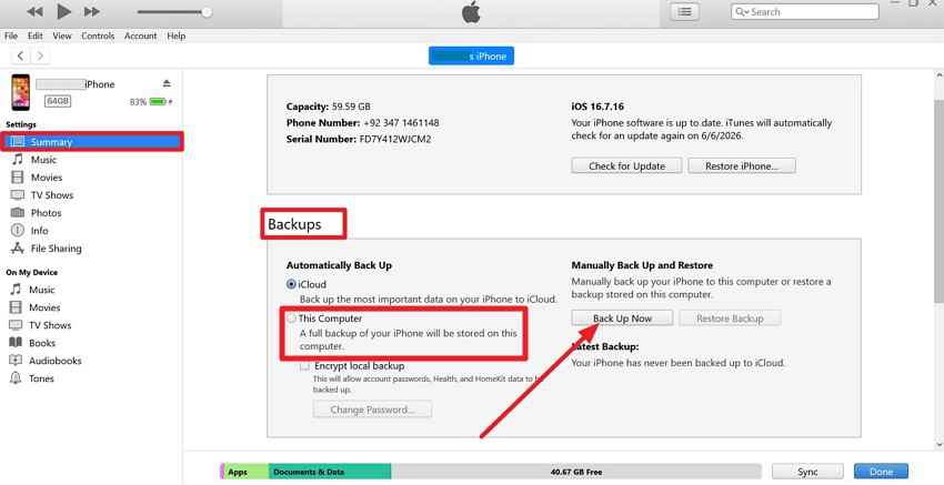 backup iphone now in itunes