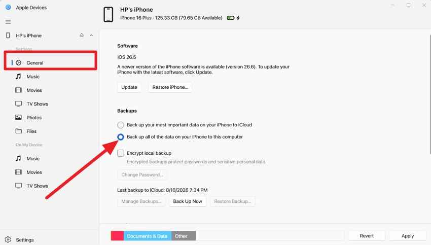 choose iphone backup location in apple devices