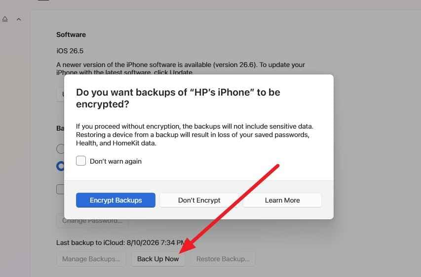 start iphone backup in apple devices