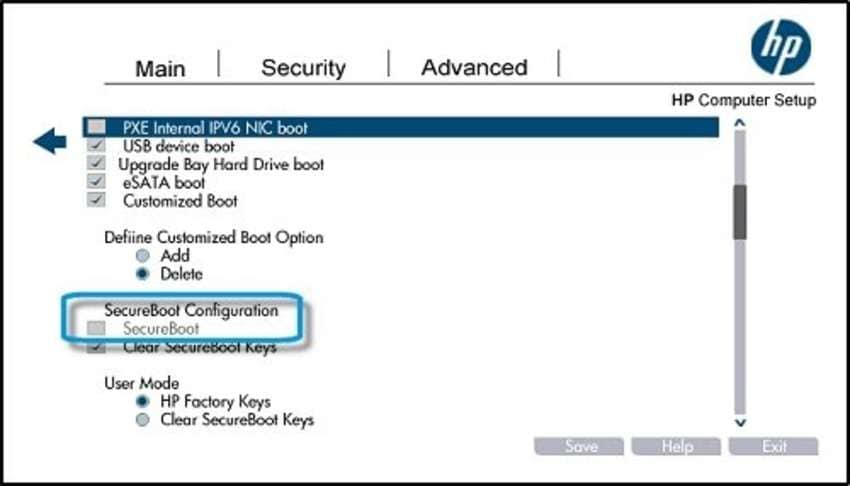 the secure boot configuration for an hp laptop boot from a usb