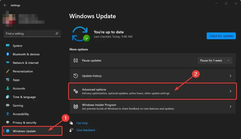 choisir options avancées dans windows update