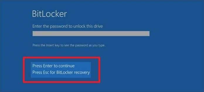press esc on bitlocker recovery screen