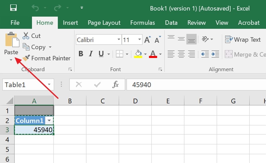 select the paste button
