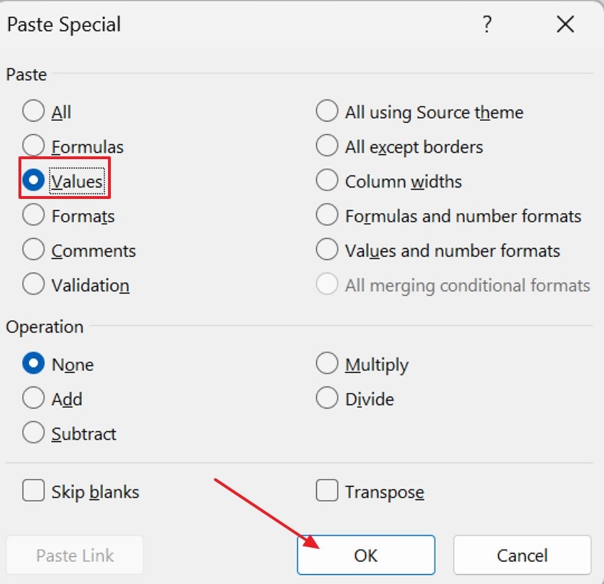 select values and click ok
